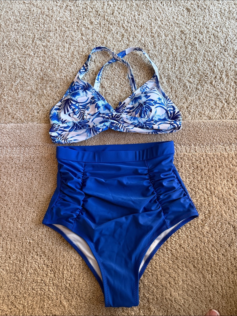 Blue Floral Top & Royal Blue High-Waist Swim Bottoms – Swim Set